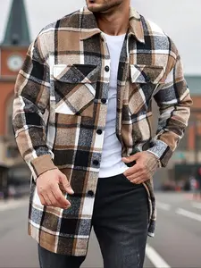 KZZ Men's plaid check long coat, with a buttoned lapel, loose fit, front button pockets, suitable for daily wear in autumn and winter, comfortable and warm, men's trench coat, autumn and winter. christmas gifts for him