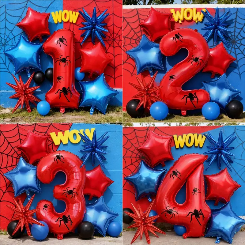 Spider Theme 32 Inch Number Aluminum Balloon with Stickers & Star Balloons, Balloon Party Supplies, Ideal for NewYear, Birthdays, Superheroes, Festivals