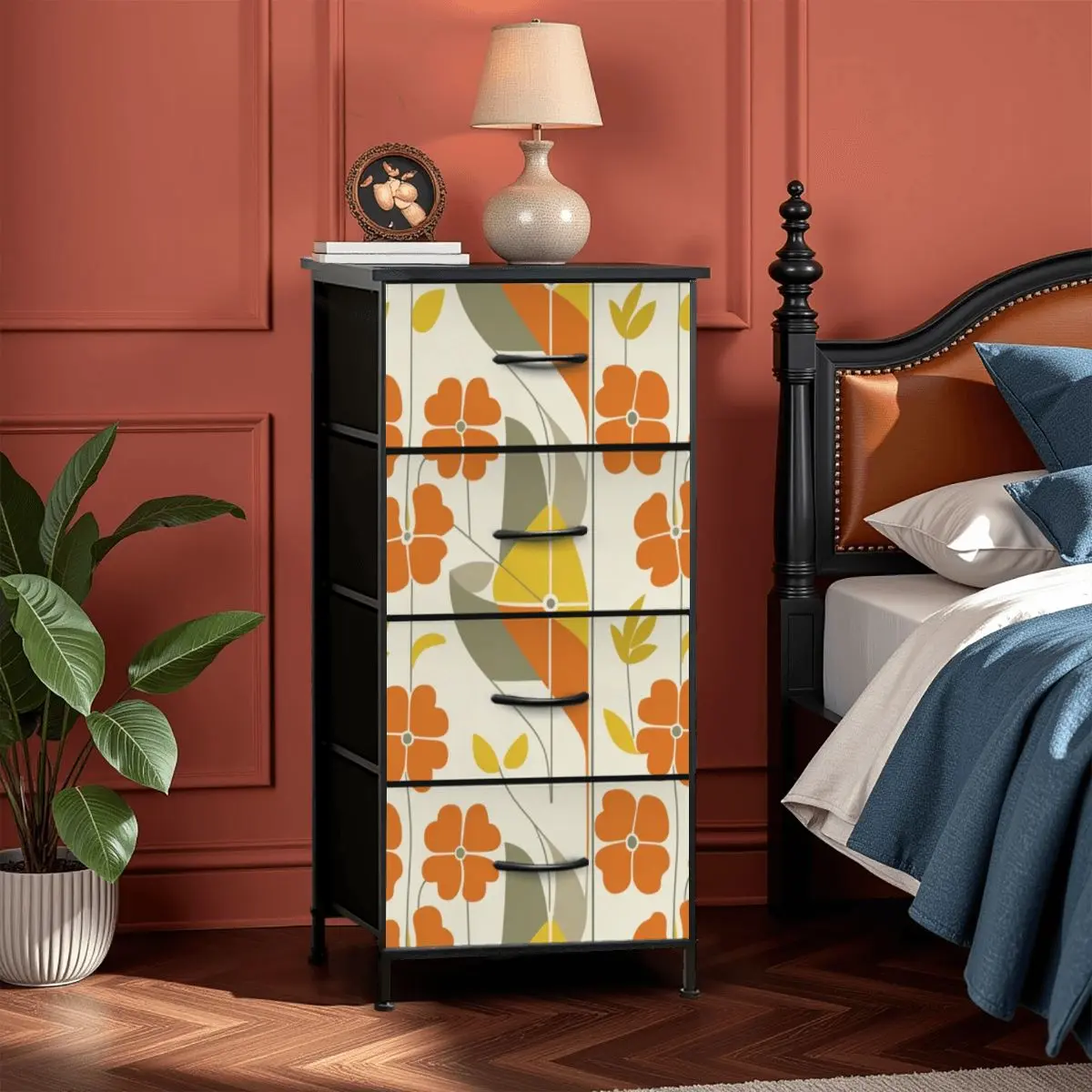 Mid Century Modern Scandinavian Modern Danish Flower, Orange, Yellow, Gray Mod 4-Drawer Dresser