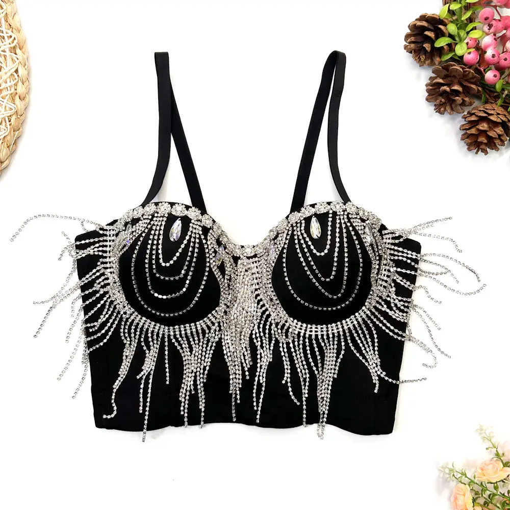 Women's Short Sparkly Black Rhinestone Corset Top - Sleeveless Bustier with Tassel Fringe for Halloween, Galaxy-Themed, Thanksgiving, Chinese New Year Going-Out Parties
