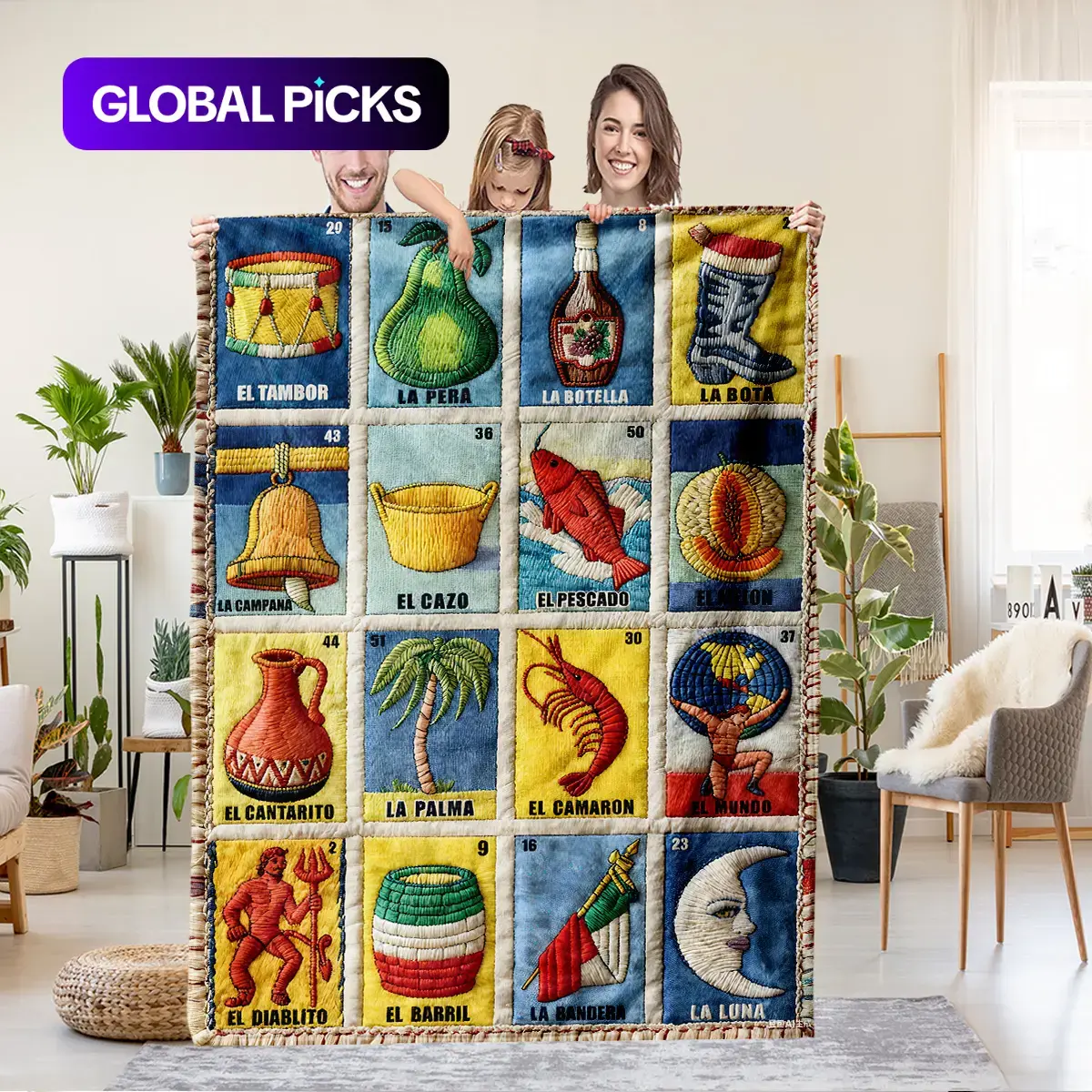 Mexican Loteria Card-Themed Quilted Flannel Throw Blanket, Multifunctional Blanket, Cozy Throw Blankets, 1 Count All-Season Flannel Cozy Blanket for Sofa, Bed, Camping and Travel, Gift for Card Lovers #GLOBAL PICKS