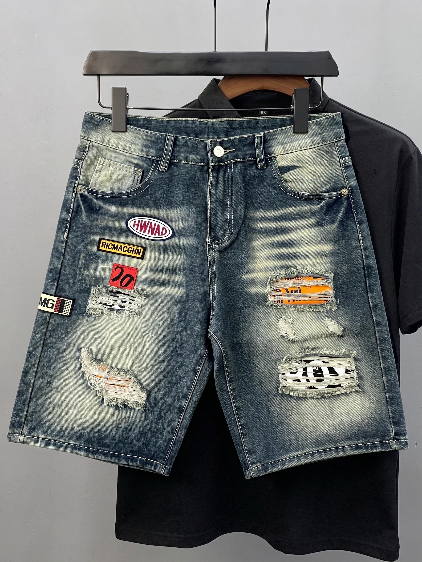 Men's Premium Ripped Patchwork Medium Blue Denim Shorts,Y2K Skater Aesthetic Vintage Whiskered Jean Shorts,Summer High-Street Essentials Streetwear Graphic Men's Premium Ripped Patchwork Medium Blue Denim Shorts,Y2K Skater Aesthetic Vintage Whiskered Jean Shorts,Summer High-Street Essentials Streetwear Graphic