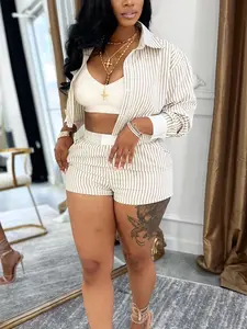 Women's Striped Print Button Long Sleeve Shirt & Shorts, Casual Fitted Collared Top & Shorts Summer Clothing Set for Daily Wear, Ladies Two-piece Outfits for Spring & Summer, Suits Clothes, Casual Fashion Set, Womenswear, Casual Matching Set