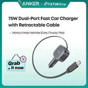 Anker USB-C Car Charger, 75W Max Fast Charging, Sleek and Compact Design with Retractable Cable, for iPhone 17 / 16 / 15 Series, Samsung S24 / S23, MacBook, and More