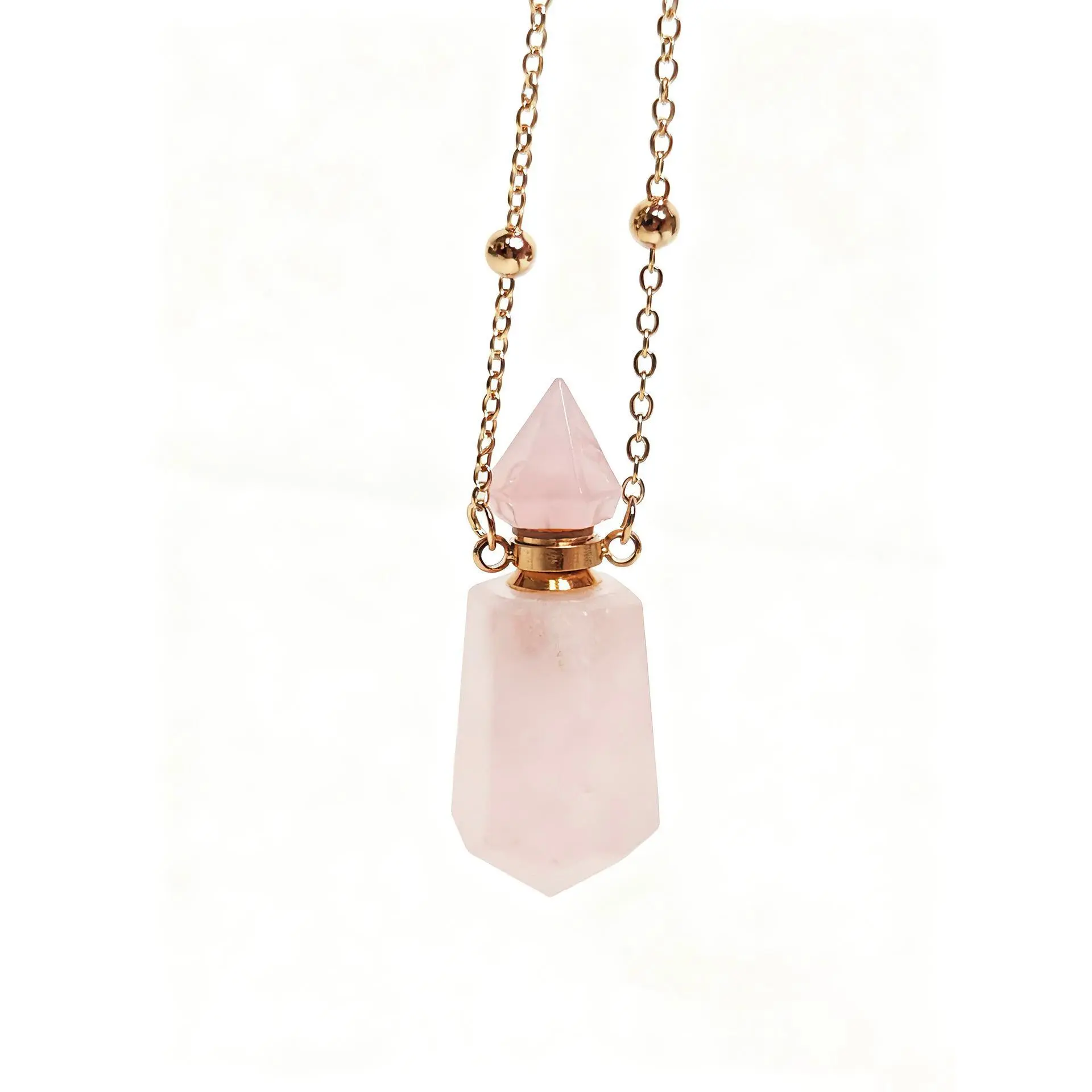 Unisex Casual Artificial Crystal Rose Quartz Pendant Necklace - Refillable Essential Oil Bottle for Perfume, Aromatherapy, Relaxation & Mindfulness Spiritual Jewelry, Add Essential Oil, Self-Care, Gemstone, Holds Essential Oils