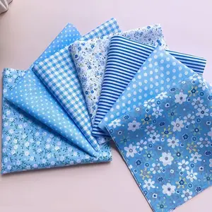 7pcs DIY Blue Cotton Fabric Set for Crafts & Sewing Projects, Doll Clothes Making Supplies, Floral Print Patchwork, Floral Embroidery Patterns Included