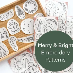Christmas Stick & Stitch Embroidery Patterns, Holiday designs for clothing, DIY ornaments, beginner embroidery patterns, peel and stick kit