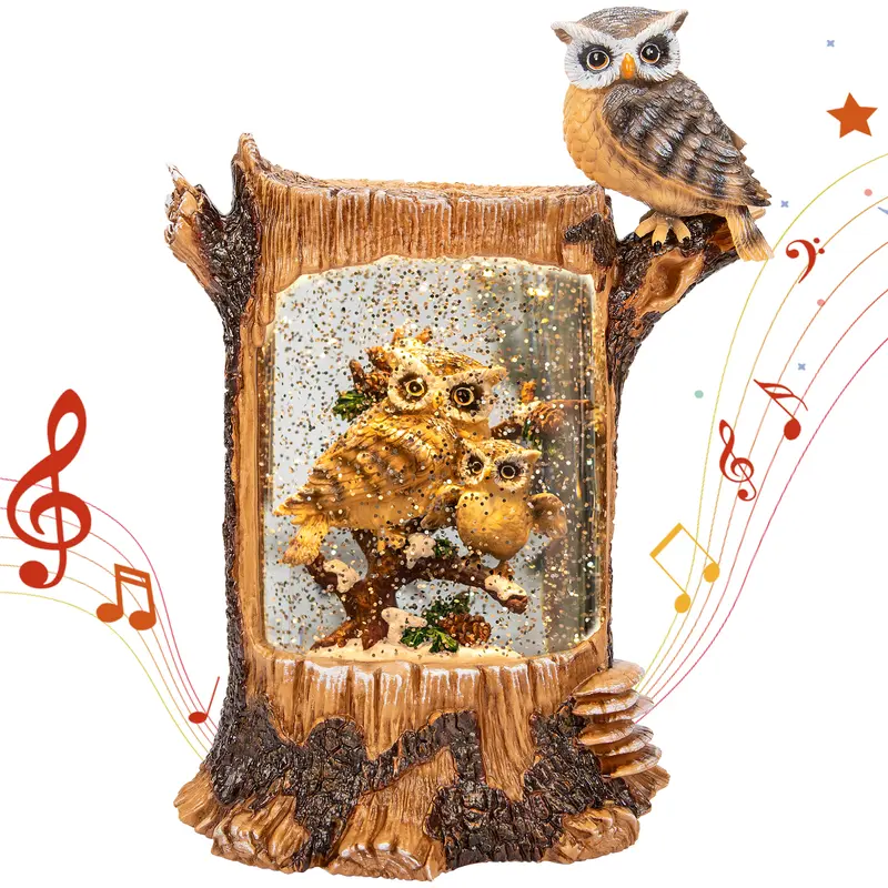 Christmas Owl Family Snow Globe, Musical Glittering Christmas Snow Globes Lantern with Timer, Large Owl Collectible Figurines Christmas Holiday Home Decor Battery Operated USB Powered