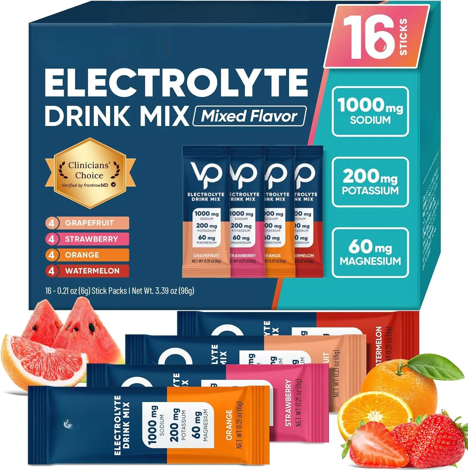 [USA Stock] -  High Sodium Sugar Free Electrolytes Powder Packet - Hydration Packets with Vitamin, Sodium & Potassium | Zero Calories | Vegan, Keto & Paleo Friendly Electrolyte Drink Mix - 16 Sticks