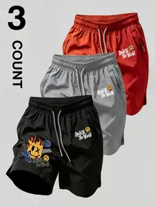 3-Pack Men's Smiley Graffiti Print Quick-Dry Shorts, Elastic Waist Drawstring Zipper Pockets, Lightweight Sporty Shorts for All Seasons, Funny Sports Shorts