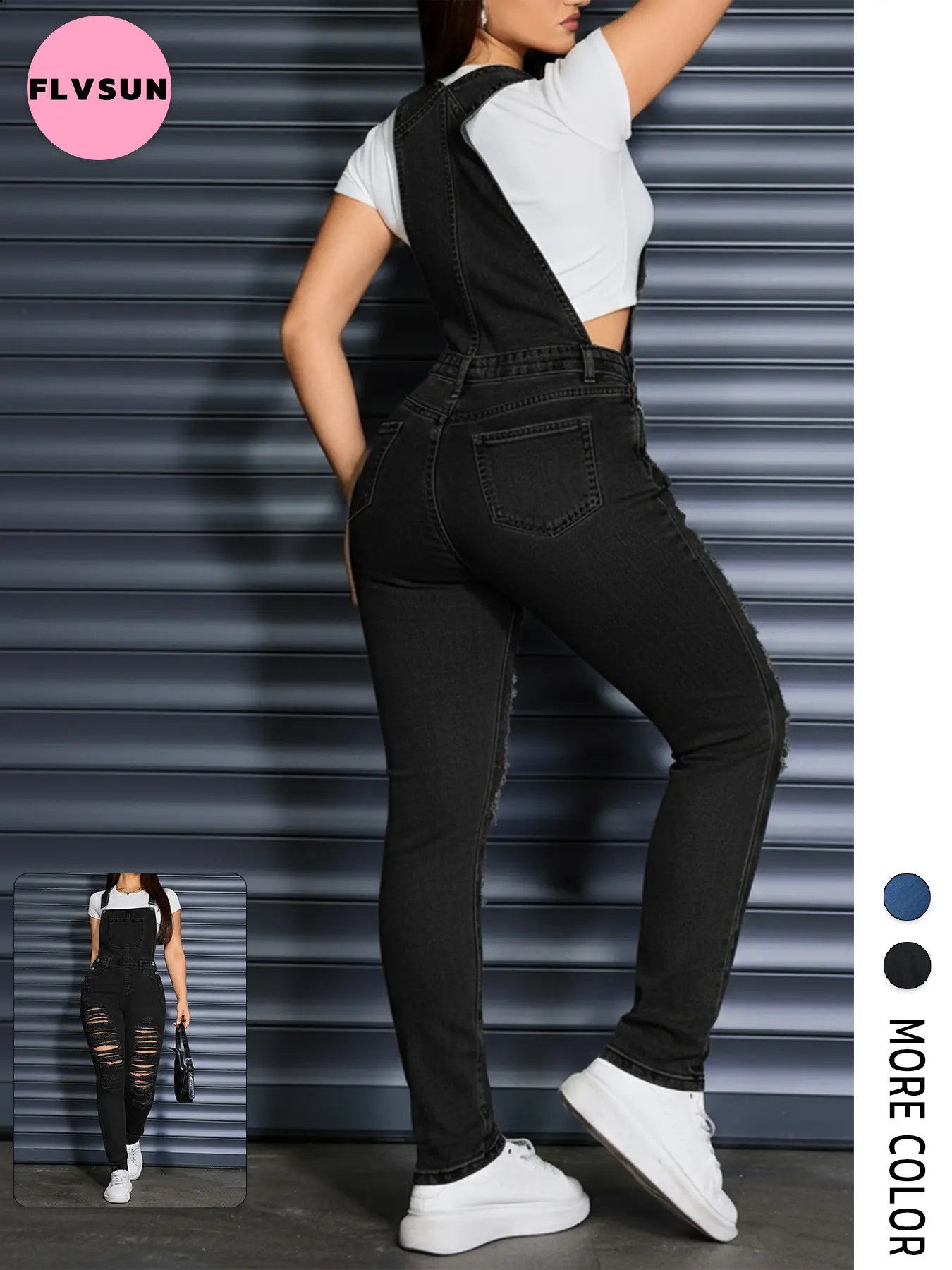 Flvsun Women's Ripped Distressed Stretchy Denim Overalls - Slim Fit V-Neck Bib Jumpsuit with Adjustable Straps for Casual Holiday, Party Wear, Lady Hollow Design All-Season Outfit, Street, Cotton