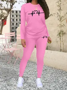 Heart pattern print Women's Pattern Print Casual Sportswear Set, Fashionable Long Sleeve Top & Tight Pants, Fall & Winter Fitted Workout Sets, Sporty Round Neck