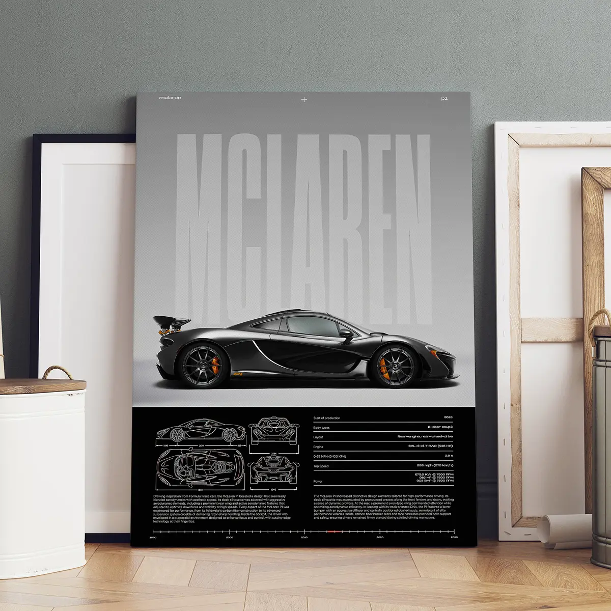 1 Count Wooden Framed Canvas, McLaren Supercar Specification Poster, Modern Art, Creative Design Print, Picture Image Prints, Home Decor, Ideal Gift, High Definition, Waterproof, Canvas Wall Art