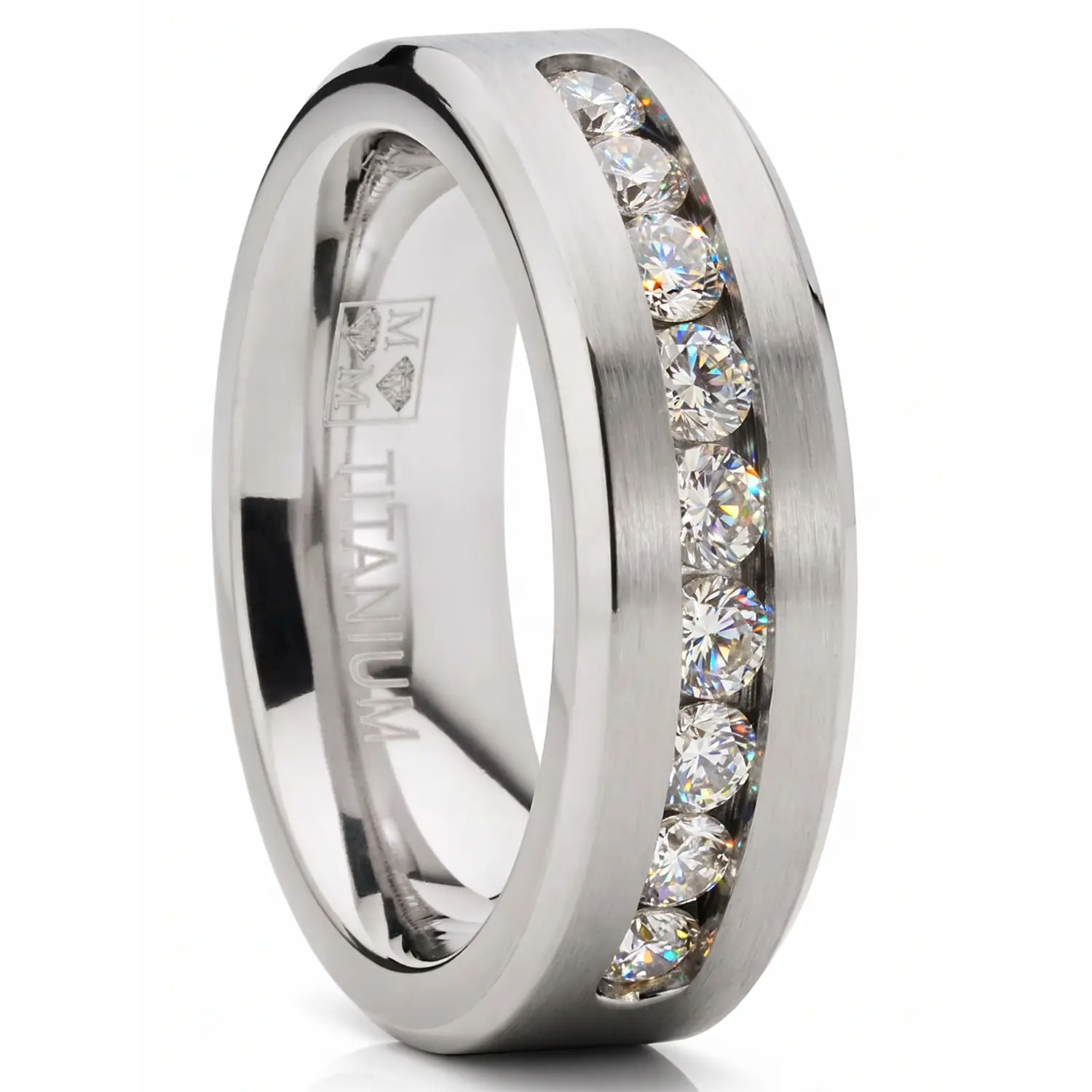Men's 8MM Titanium Wedding Band - 1Ct, 9 Large Channel-Set Cubic Zirconia CZ, Sizes 6-15 | Beautiful Rings, Fashion Ring, Men's Jewelry for Adults