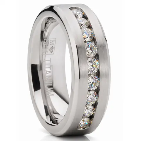 Men's 8MM Titanium Wedding Band - 1Ct, 9 Large Channel-Set Cubic Zirconia CZ, Sizes 6-15 | Beautiful Rings, Fashion Ring, Men's Jewelry for Adults