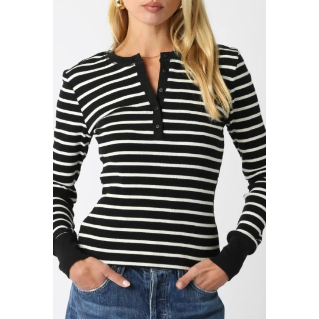 Women's Fitted Striped Henley Top, Stretchy Ribbed Long Sleeve Pullover with Contrast Cuff and Trim