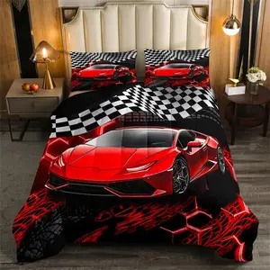 Red Racing Car Bedding Set,Extreme Sports Comforter Set,Soft Honeycomb Pattern Comforter,Speed Sports Car Duvet Set,Race Car Quilt Set