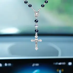1-Pack St. Benedict Pearl Rosary Car Mirror Pendant, Car Hanging Decoration - Catholic Blessing Ornament, Shiny Metal Beads for Spiritual Protection & Safe Travel, Spiritual Gift for Baptism/Confirmation, Safe & Durable Catholic Accessory