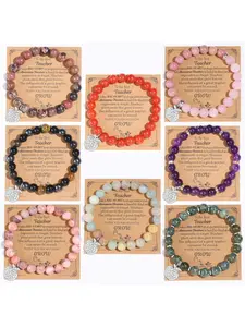 8Pcs Teacher Appreciation Bracelets Gifts for Women Men Natural Stone Teacher Elastic Bead Bracelets with Message Card Thank You Gift for Teacher Jewelry Gifts