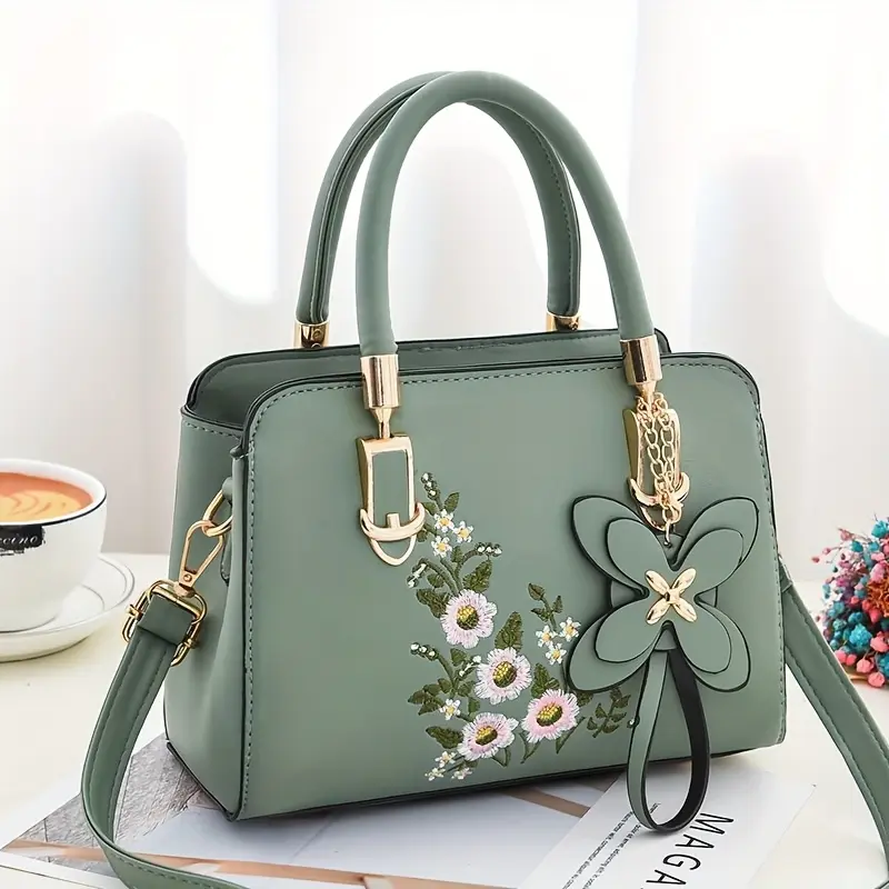 Fashionable Women Embroidered Handbag Soft Leather Tote Crossbody Shoulder Bag Large Capacity Casual Daily Bag