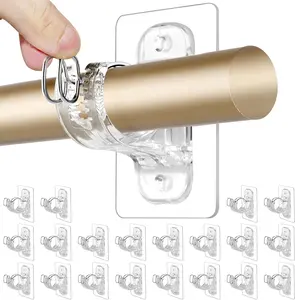 20 Pack No Drill Curtain Rod Brackets, Adhesive Rods Holder, No Drilling Curtains Hooks, Nail Free Stick on Curtain Hangers, Wall Damage-Free Clear Buckle for Bathroom, Living Room, Kitchen