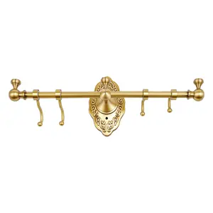 Brass Towel Bar with 4 Hooks 36cm Wall Mounted Drill Installation Copper Wire Drawing for Bathroom Towel Storage