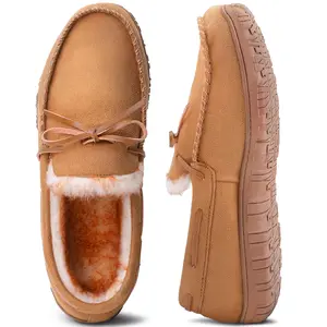 shoeslocker Men Slippers Faux Suede Moccasin Plush Fleece Lined Bow Detail Non-Slip Slip-On Indoor Outdoor Winter Shoe, Loafer, Footwear