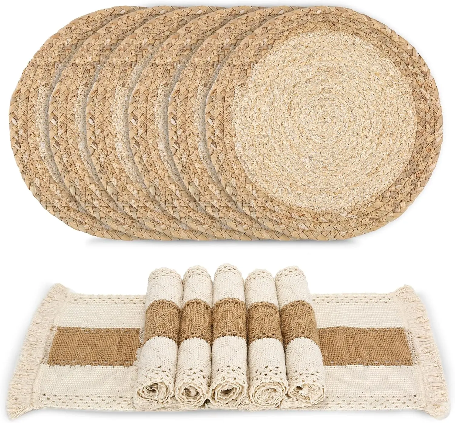 12Pcs Boho Placemats Set, Natural Cotton Burlap and Water Hyacinth and Corn Husk Materials Woven Combination Table Mats, Macrame Décor and Farmhouse Style Placemats, for Dining Table Kitchen