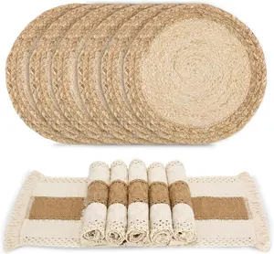 12Pcs Boho Placemats Set, Natural Cotton Burlap and Water Straw Woven Combination Table Mats, Macrame Décor and Farmhouse Style Placemats, for Dining Table Kitchen