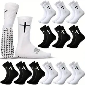6 Pairs Cross Grip Anti-Slip Football Socks with Biblical Scripture & Yoga Design, Rubber Dots, Breathable for Soccer, Basketball, Rugby, Running - Ideal for Easter, Valentine's, Mother'S Day Gifts, Sports Fan Apparel | Sporty Jesus Socks
