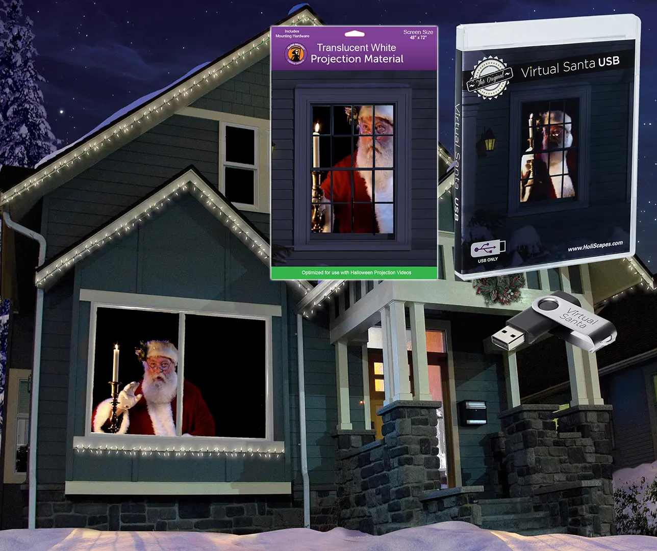 Original Santa in Window on USB + 48" x 72" White Holographic Screen for Christmas Projections
