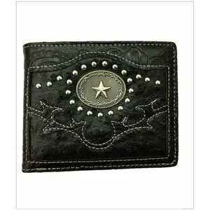 Men's Western Bifold Checkbook Wallet Black Ostrich Leather with Star Design