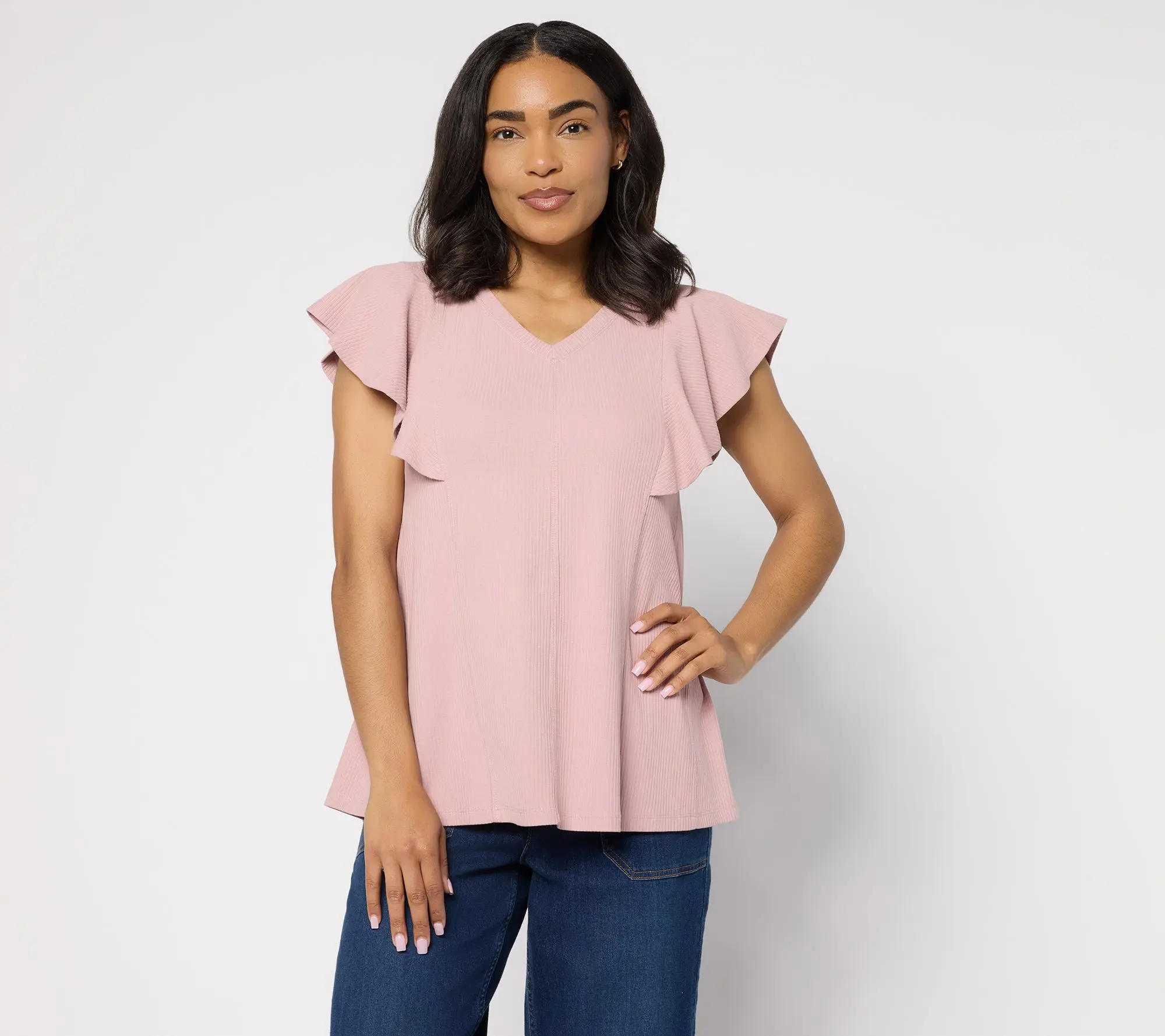 LOGO by Lori Goldstein Flutter Sleeve Knit Ribbed V-Neck Top