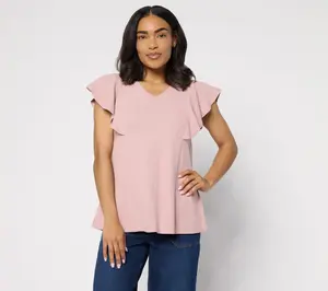 LOGO by Lori Goldstein Flutter Sleeve Knit Ribbed V-Neck Top