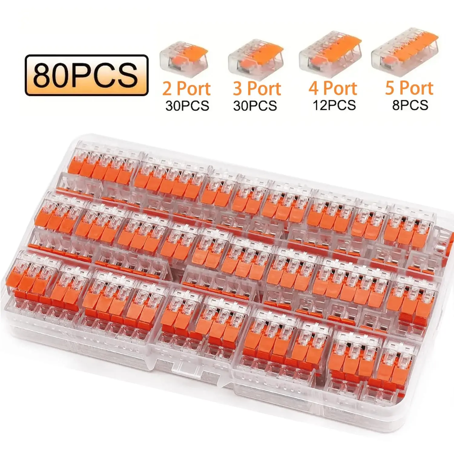 80 Pcs Lever Wire Connectors, Wire Connector Assortment Pack Compact Splicing Connector Kit for Electrical Wires Solid Stranded Flexible Wires, 2 Port, 3 Port,4 Port, 5 Port, Wire Splice Connectors