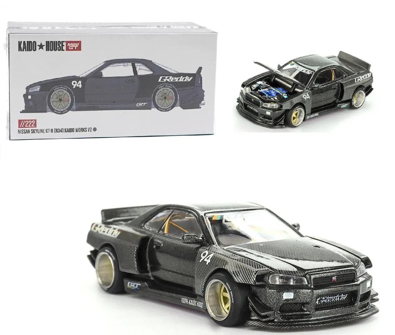 Kaido House X MIni GT 1:64 Nissan Skyline GT-R R34 Kaido Works GReddy V2 Black CARBON Diecast Model KHMG222-2C