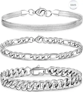3PCS Chain Bracelet for Men Women, S925 Sterling Silver Cuban Herringbone Figaro Link Chain Wrist Bracelets Set Jewelry Gifts, 6/6.7/7.5/8.3/9.0 Inches outdoorfun