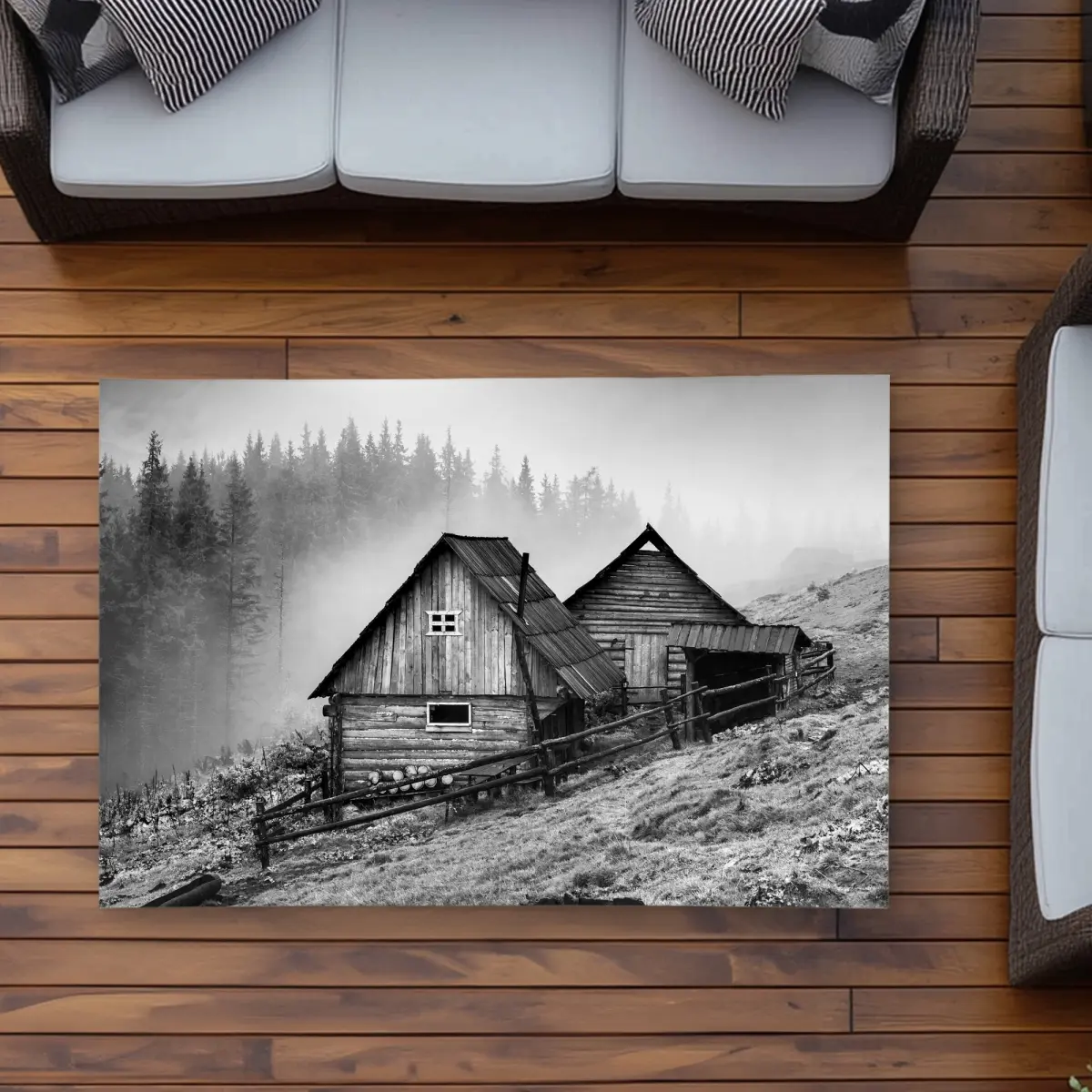 360 stand 3x5 ft Rectangle Weatherproof Outdoor Rug, Mountain Carpathian Village Mountain View Print, Rustic Home Decor for Man Cave, Home Decor Rugs, Area Rug
