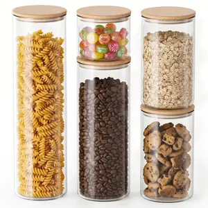 Genicook 5pc Transparent Round & Square Glass Jar Set with Bamboo Lids - Airtight, Leakproof Food Storage Containers with Protective Silicone Sleeve - Kitchen Pantry Organizers for Pasta, Oats - Eco-Friendly Home Storage Jars