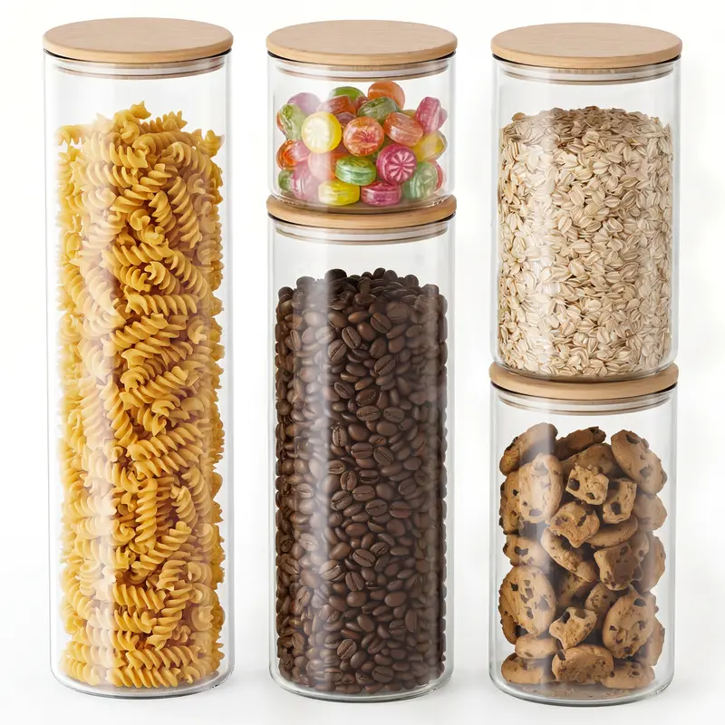 Genicook 5-Piece Multi-Size Oven-Safe Glass Canister Set - Transparent Round & Square Airtight Leakproof Stackable Food Storage, Bamboo Lid Ring, Silicone Sleeves (Coffee, Pasta Meal Prep Option; Choose Opacity Kit)