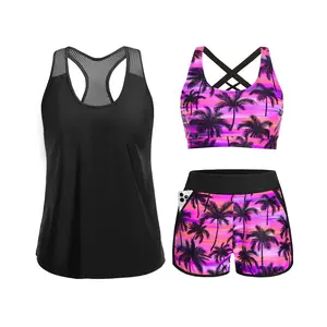Tempt Me Women's Three Piece Tankini Swimsuit - Mesh Racerback Tank Top with Sports Bra & Pocketed Boyshorts Athletic Bathing Suits