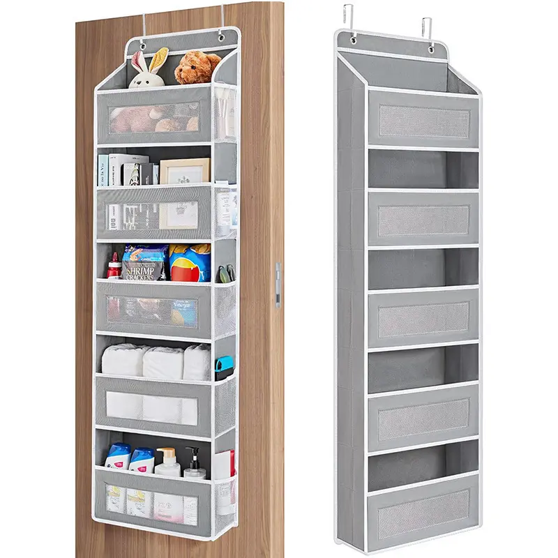 Over The Door Organizer Storage, 5 Shelf Hanging Door Organizer with 5 Large Capacity Pockets, Anti Tilt 44 lb Load Behind Door Storage for Bedroom, Bathroom, Pantry, Nursery, (Grey)