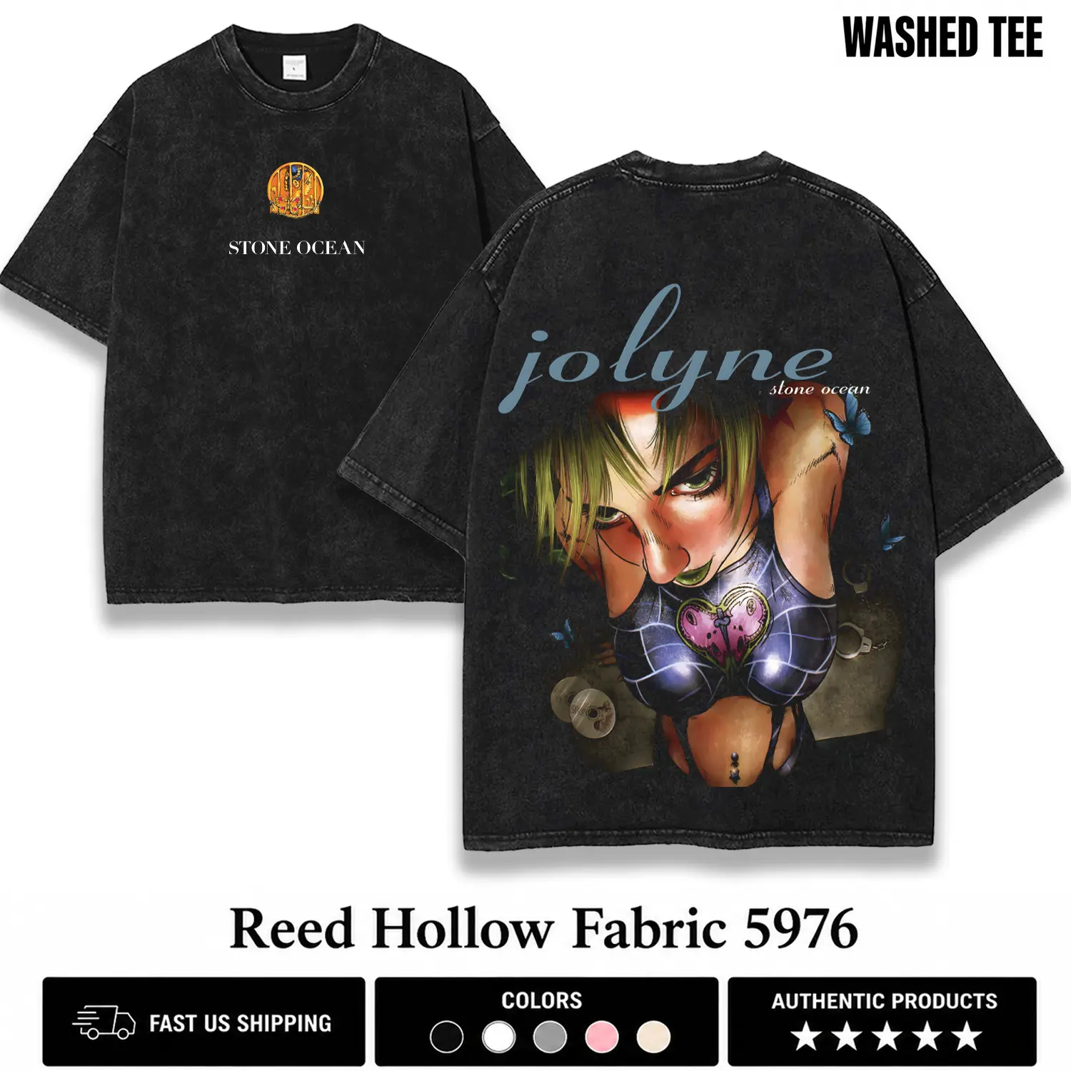Jolyne Cujoh Stone Ocean Jojo Shirt Japanese Anime Double-Sided Print Washed JoJo Heavyweight Gift for Fans Men Graphic Tee Cotton Crewneck T-Shirt Fabric Menswear streetwear graphic tee