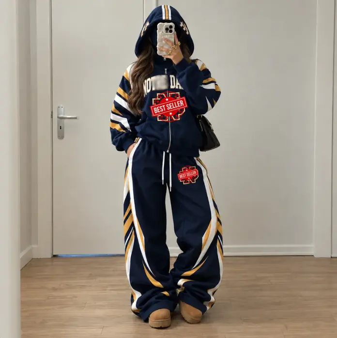 ND Built-in Balaclava Zip Up Hoodie & Sweatpants Set, College Football Inspired Full Zip Fleece Jacket, Warm Winter Face Mask Tracksuit, Oversized Sports Fan Streetwear Outfit