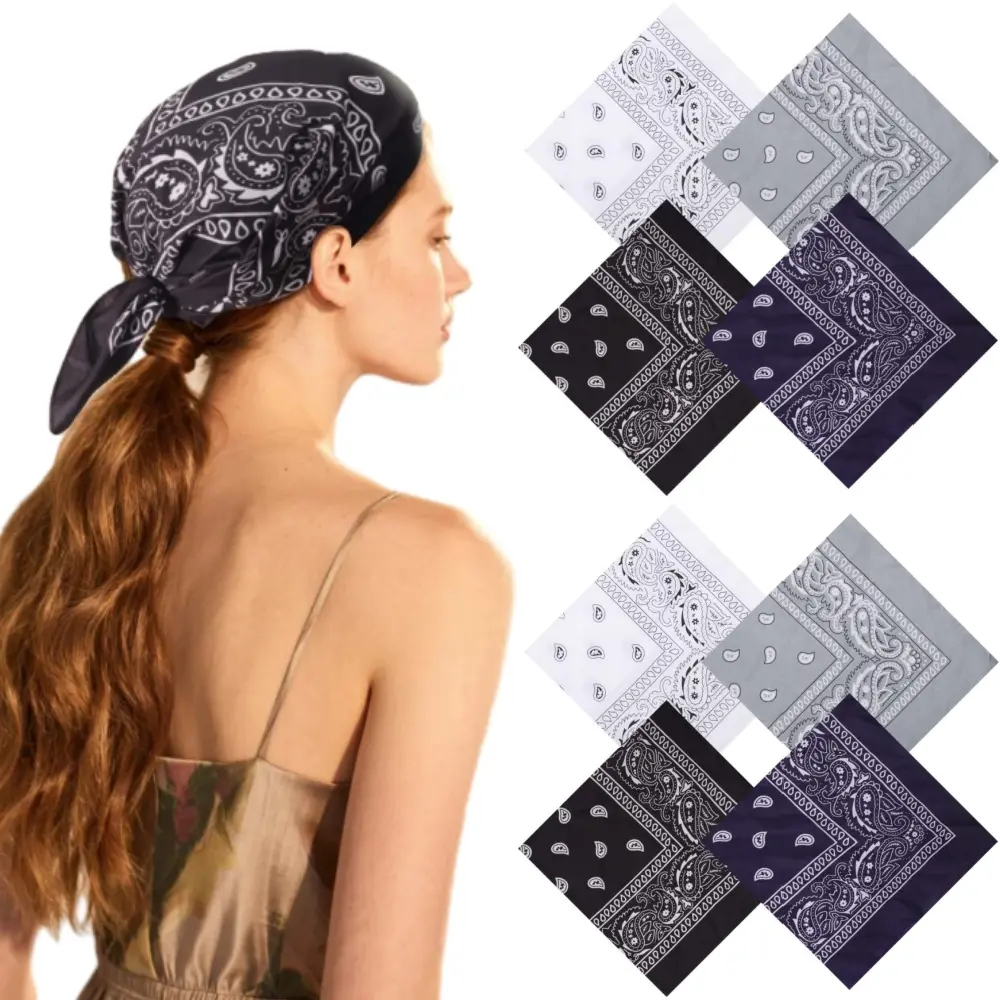 8pcs Large Square Scarves - Elegant Black & White Paisley pattern, Multi-Purpose Headbands, Neck Scarves, Face Masks, Wristbands - Soft & Durable Fabric for Women, Dance, Cycling, Everyday Outfits - Machine Washable