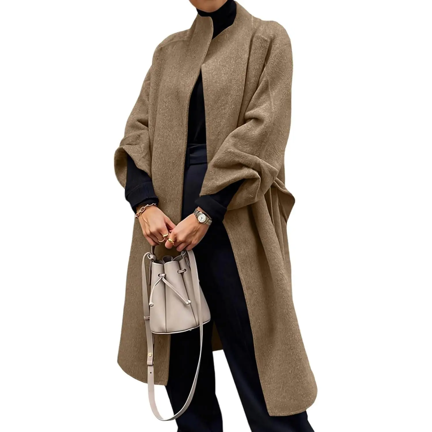 Lannew Womens Long Pea Coats Oversized Wrap Wool Blend Trench Coats Winter Open Front Cardigan Overcoats