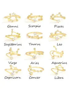 New Collection Of Zodiac Rings With An Open Design, Featuring Copper And Zirconia, A Stylish European And American Accessory, Perfect As A Birthday Gift For A Best Friend, Copper Inlaid Zircon
