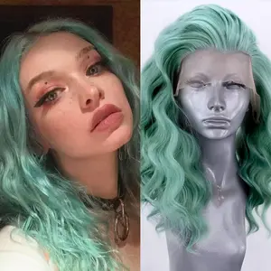 RONGDUOYI Mint Green Bob Synthetic Hair Short Hair Body Wave Lace Front Wig Natural Hairline Pre Plucked Lace Hair for Women Daily Makeup Use 16Inches Mint Color Short Curly Hair