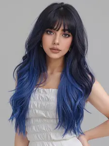 Gradient Blue Long Wavy Wig, Synthetic Heat Resistant Fiber, Fluffy Natural Style, Dark Root Design, Perfect for Parties and Daily Wear, Deep Wave Wigs