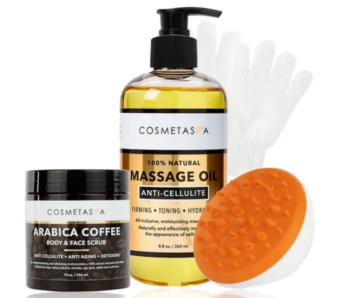 Anti-Cellulite Massage Oil, Coffee Scrub, Massager & Glove
